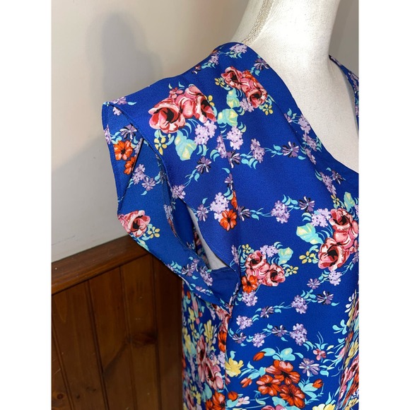 Womens Label by Rachel Roy Blue Multicolor Floral Short Sleeve Blouse‎ Medium - Picture 2 of 7